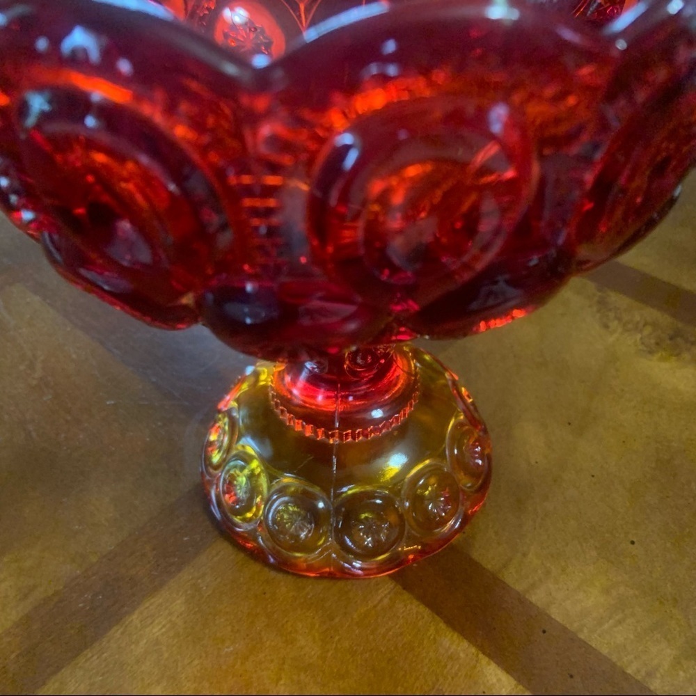 Vintage Mid Century Modern Moon & Stars Red Amberina Glass Round Pedestal Bowl - Picture 8 of 11